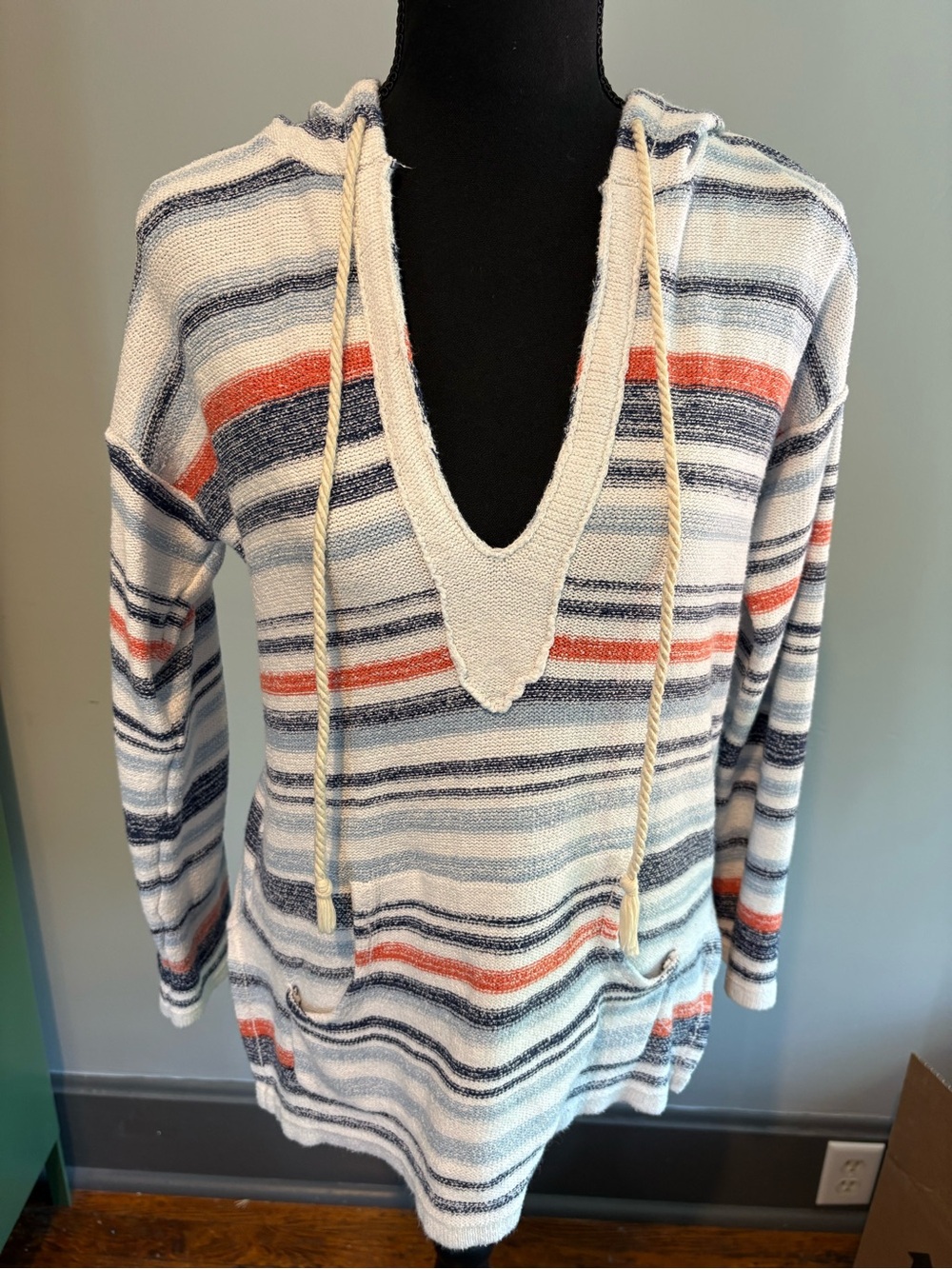 Ron Jon Surf Shop Striped V-Neck Hooded Sweater Tunic - Cream, Navy & Rust